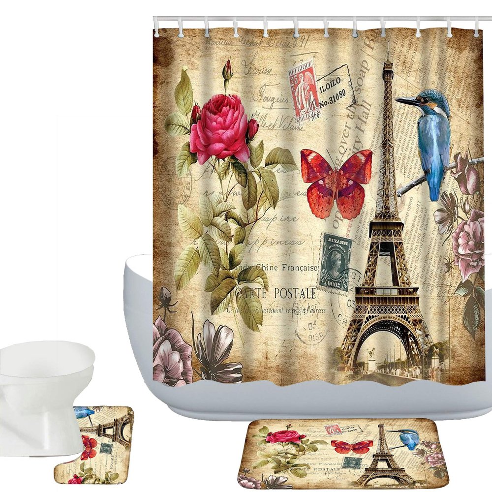 Amagical Paris Eiffel Tower with Rose Red Butterfly and Parrot Pattern 3 Peice Bathroom Mat Set Shower Curtain Set Bath Mat Contour Mat Waterproof Shower Curtain with 12 Hooks