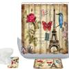 Amagical Paris Eiffel Tower with Rose Red Butterfly and Parrot Pattern 3 Peice Bathroom Mat Set Shower Curtain Set Bath Mat Contour Mat Waterproof Shower Curtain with 12 Hooks view 1