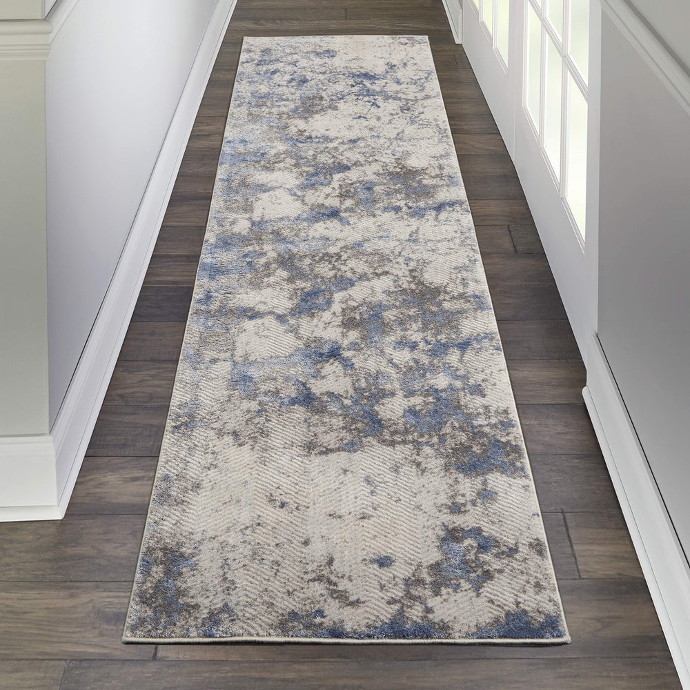 Nourison Sleek Textures Abstract Blue/Ivory/Grey 2'2" x 7'6" Area Rug, Easy Cleaning, Non Shedding, Bed Room, Living Room, Dining Room, Kitchen (2x8)