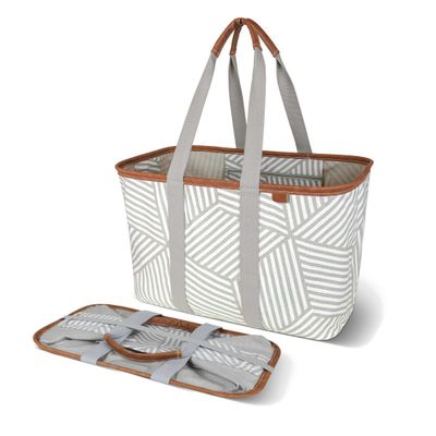 CleverMade Snapbasket LUXE Collapsible Tote - Geometric Taupe 1 Pack 30L / 8 Gal - Reusable Grocery Collapsible Storage Shopping Organizer