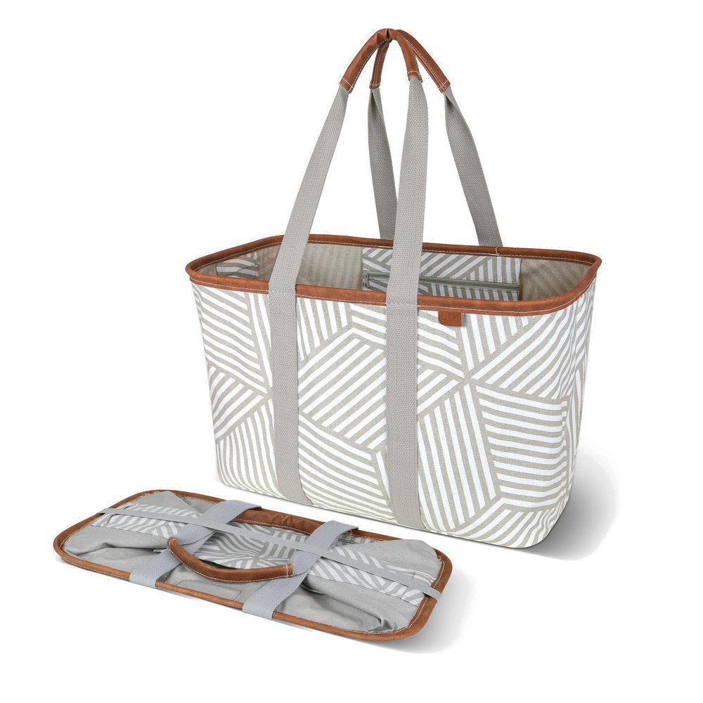 CleverMade Snapbasket LUXE Collapsible Tote - Geometric Taupe 1 Pack 30L / 8 Gal - Reusable Grocery Collapsible Storage Shopping Organizer