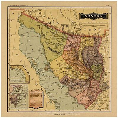 Antiguos Maps Estado Libre y Soberano de Sonora from Atlas Mexicano circa 1884 | Art Print Poster Vintage Wall Decor | 24 x 24 inches (610 mm x 610 mm)