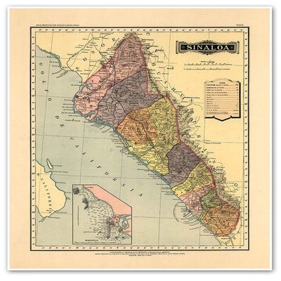 Antiguos Maps Estado Libre y Soberano de Sinaloa from Atlas Mexicano circa 1884 | Art Print Poster Vintage Wall Decor | 24 x 30 inches (610 x 762 mm)