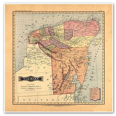 Antiguos Maps Estado Libre y Soberano de Yucatan from Atlas Mexicano circa 1884 | Art Print Poster Vintage Wall Decor | 24 x 24 inches (610 mm x 610 mm)