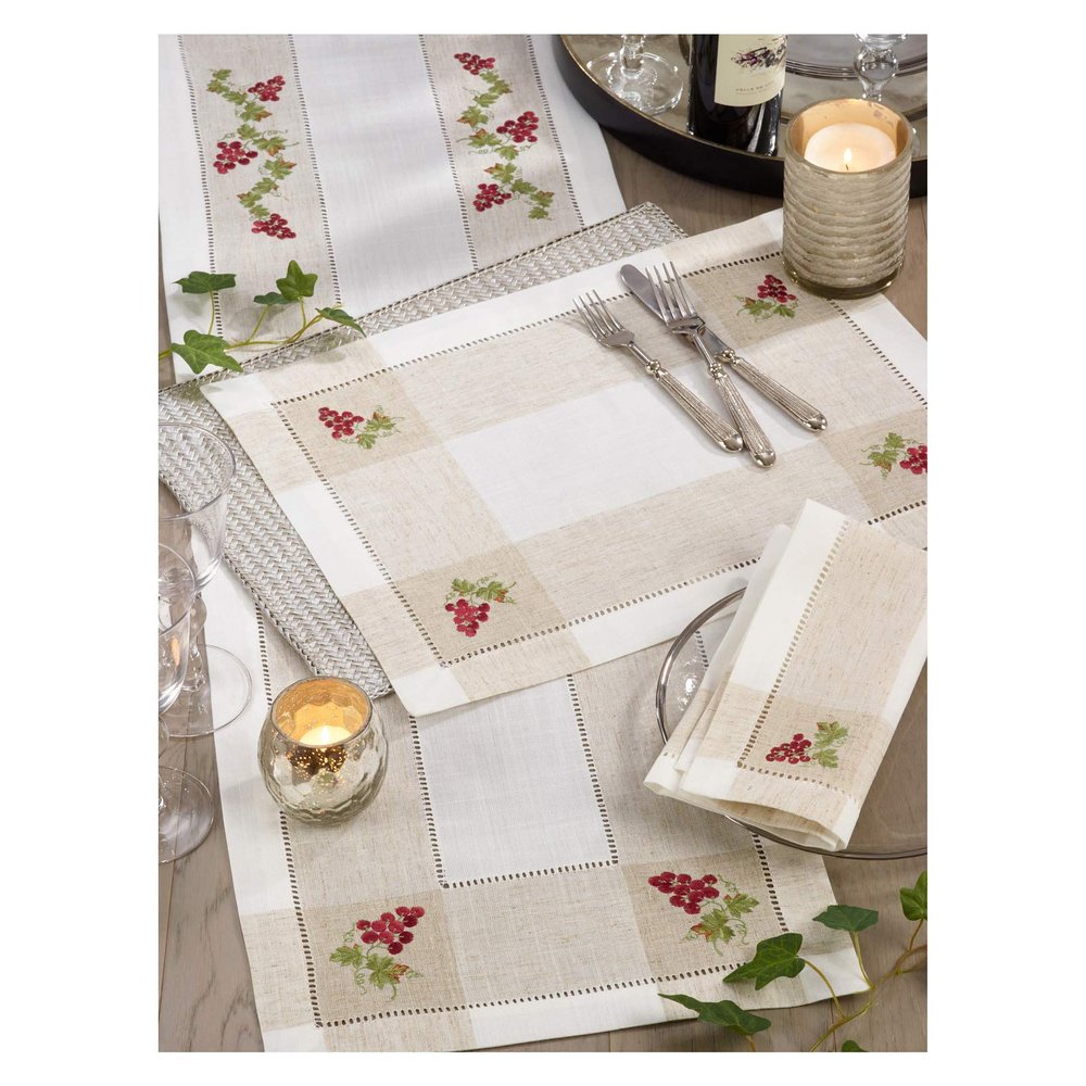 Ivory Color with Red Grape Embroidered 94% Polyester - 6% Linen Hemstitch Table Runner, 15"x70" Rectangular - (1 Piece).