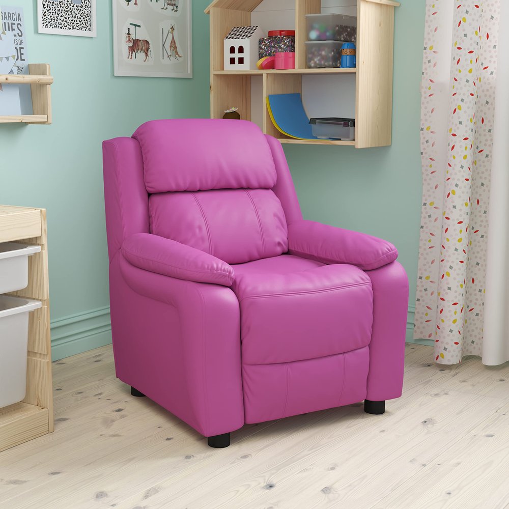 EMMA + OLIVER Deluxe Padded Hot Pink Vinyl Kids Recliner with Storage Arms