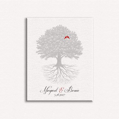 16x20 Custom Canvas Wedding, A Rooted Family Tree with 2 Birds, Personalized Gift with Names & Date of Wedding Appear Below Tree, 1048