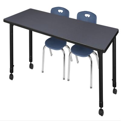Regency Kee Height Adjustable Mobile Classroom Table Set with two 12"Andy Chairs, 66" x 30", Grey/Navy