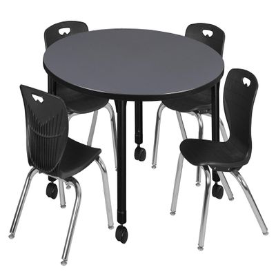 Regency Kee Height Adjustable Mobile Classroom Table Set with four 12"Andy Chairs, 48", Grey/Black