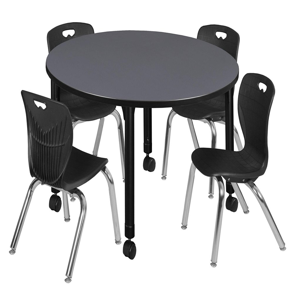 Regency Kee Height Adjustable Mobile Classroom Table Set with four 12"Andy Chairs, 48", Grey/Black