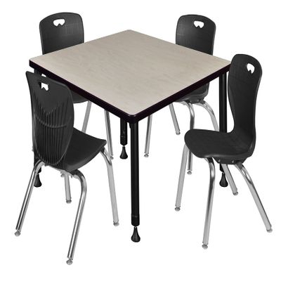 Regency Kee Height Adjustable Classroom Table Set with four 12"Andy Chairs, 36", Maple/Black