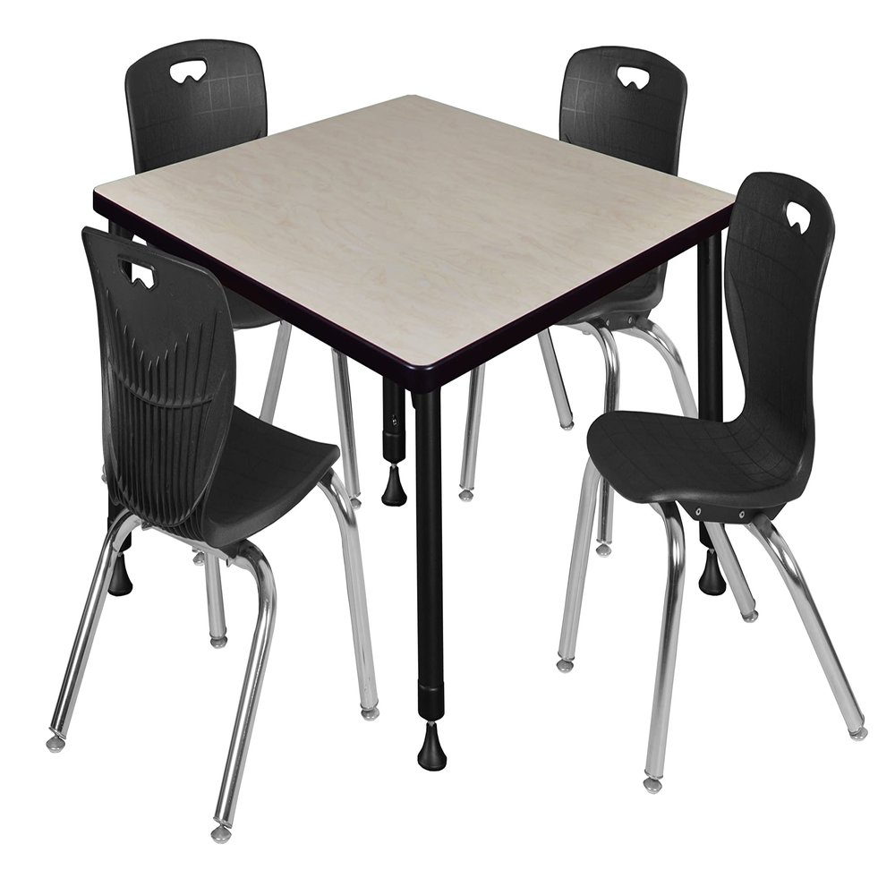 Regency Kee Height Adjustable Classroom Table Set with four 12"Andy Chairs, 36", Maple/Black