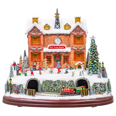 LED Rotating Muscial Holiday Village 12 x 10 Wood Holiday Polar Train Station
