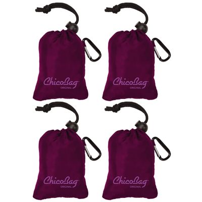 ChicoBag Original Compact Reusable Grocery Bag w/Attached Pouch and Carabiner Clip | Perfect for Shopping, Travel, Organization | Eco-Conscious Packable Tote | Boysenberry (Pack of 4)