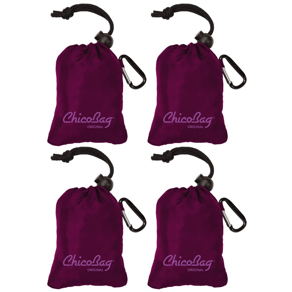 ChicoBag Original Compact Reusable Grocery Bag w/Attached Pouch and Carabiner Clip | Perfect for Shopping, Travel, Organization | Eco-Conscious Packable Tote | Boysenberry (Pack of 4)