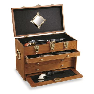 CASTLECREEK 4-Drawer Collector's Chest, Wooden Desk Storage Box Organizer Lockable Compartments Oak
