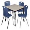 Regency Kee Height Adjustable Mobile Classroom Table Set with four 18"Andy Chairs, 42", Maple/Navy view 1