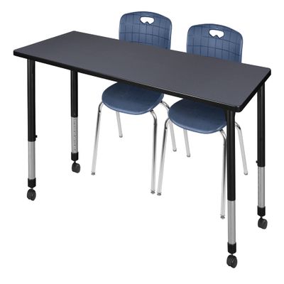 Regency Kee Height Adjustable Mobile Classroom Table Set with two 18"Andy Chairs, 66" x 24", Grey/Navy