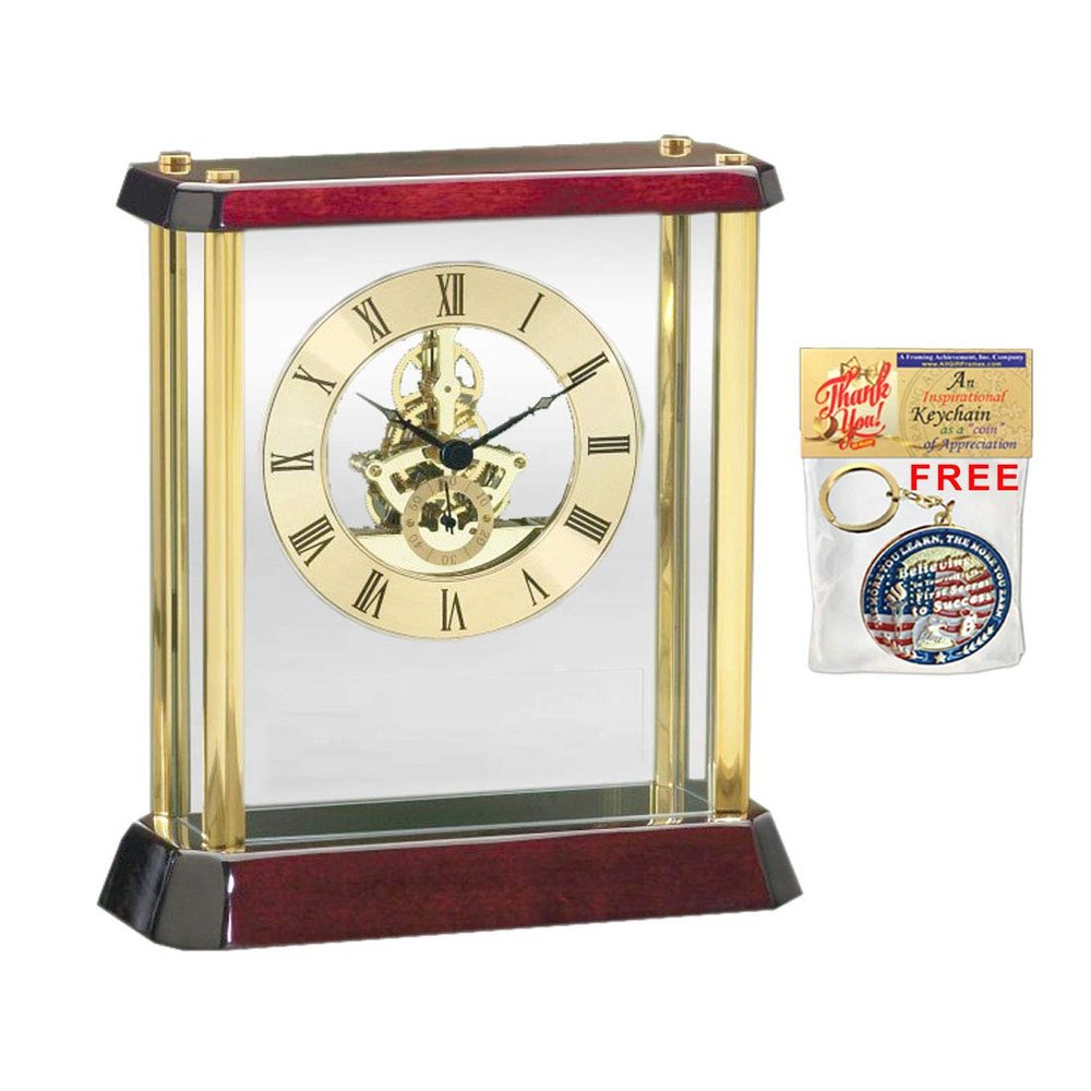 Modern Gold Mantel Desk Table Clock Davinci Dial Gear Clock Suspended Glass Cherry Base with Brass Accents Cool Home Office Timepiece Classic Unique Clocks Gift Tabletop