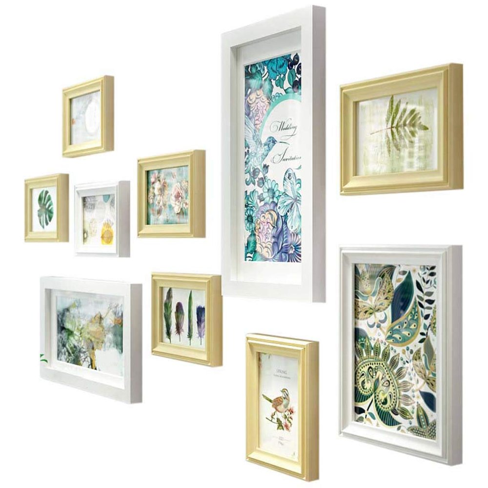 10 Piece Wood Photo Frame Wall Gallery Kit. Includes: Frames, Hanging Wall Template, Decorative Art Prints and Hanging Hardware