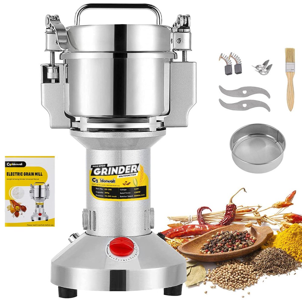 CGOLDENWALL Safety Upgraded Electric Grain Grinder Mill High-speed Dry Spice Herb Mill Grinding Machine with 1500W Commercial Motor Overload Protection CE 110V (300g Hand-held Type)