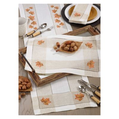 Ivory Color with Fall Autumn Orange Leaf Embroidered 94% Polyester - 6% Linen Hemstitch Table Runner, 15"x70" Rectangular - (1 Piece).