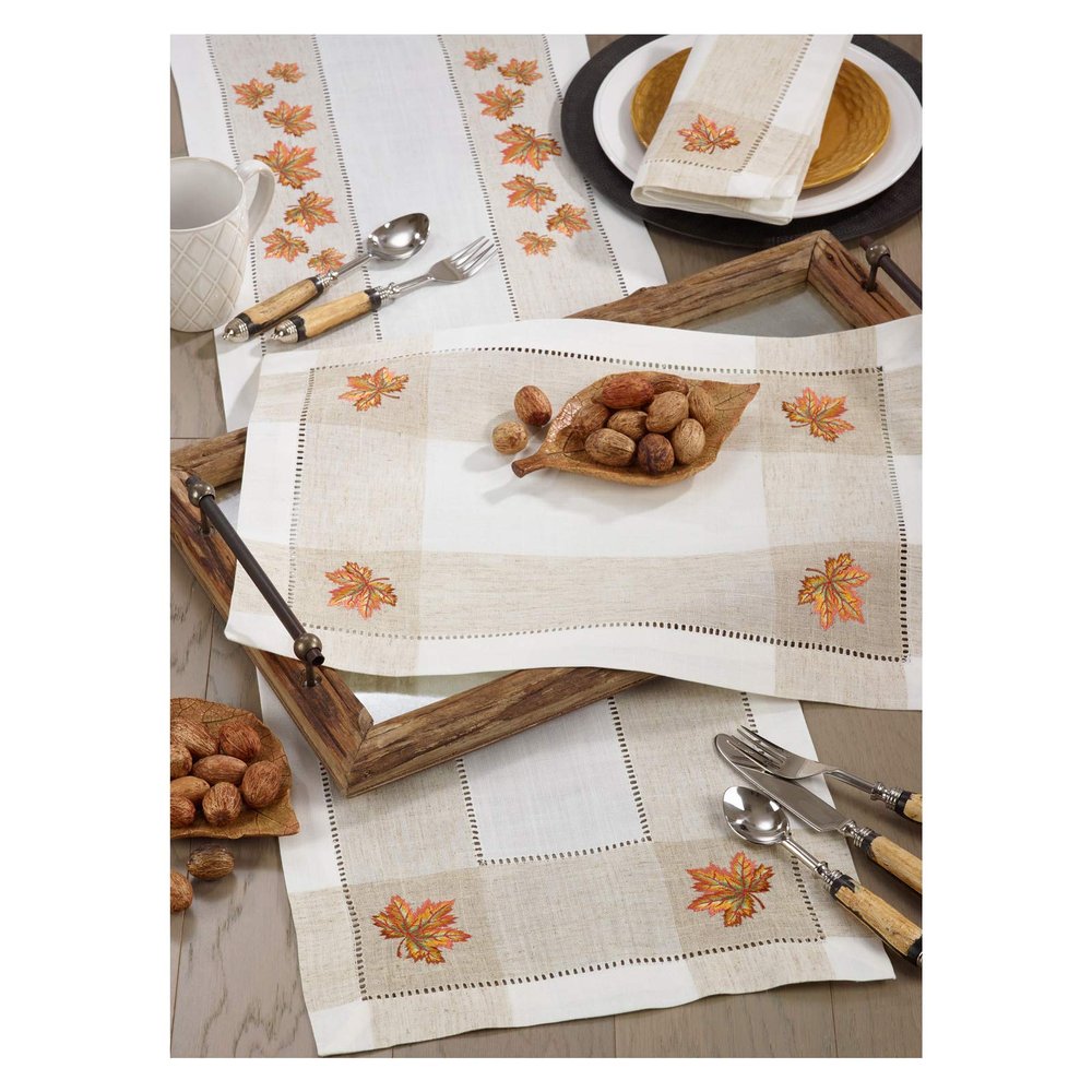 Ivory Color with Fall Autumn Orange Leaf Embroidered 94% Polyester - 6% Linen Hemstitch Table Runner, 15"x70" Rectangular - (1 Piece).