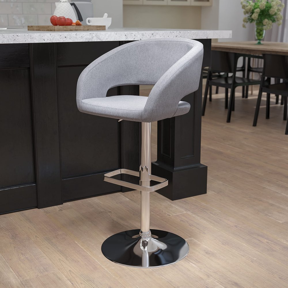 EMMA + OLIVER Shae Adjustable Height Barstool - Gray Fabric Upholstery - Rounded Cutout Mid-Back - Foam Padding - Swivel Seat - Chrome Pedestal Base