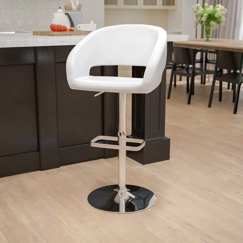 EMMA + OLIVER Shae Adjustable Height Barstool - White Vinyl Upholstery - Rounded Cutout Mid-Back - Foam Padding - Swivel Seat - Chrome Pedestal Base