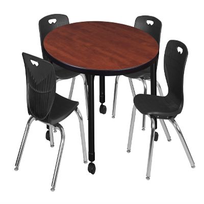 Regency Kee Height Adjustable Mobile Classroom Table Set with four 12"Andy Chairs, 36", Cherry/Black
