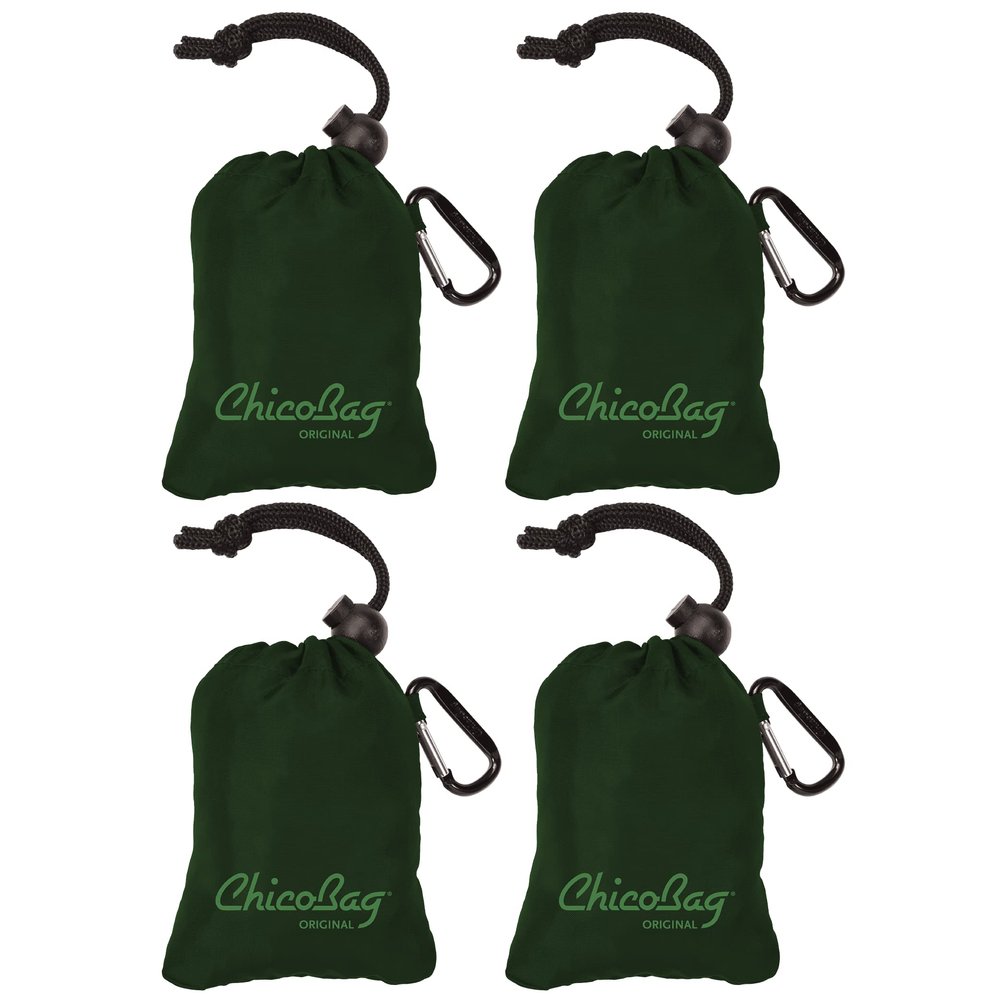 ChicoBag Original Compact Reusable Grocery Bag w/Attached Pouch and Carabiner Clip | Perfect for Shopping, Travel, Organization | Eco-Conscious Packable Tote | Fairway (Pack of 4)