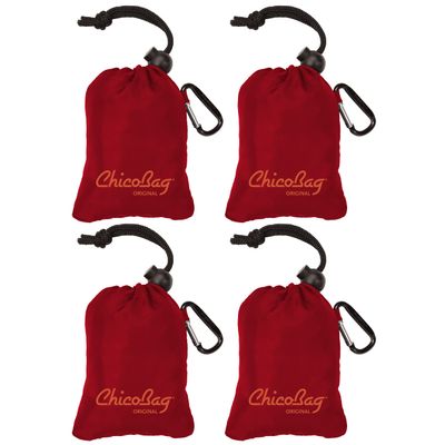 ChicoBag Original Compact Reusable Grocery Bag w/Attached Pouch and Carabiner Clip | Perfect for Shopping, Travel, Organization | Eco-Conscious Packable Tote | Red (Pack of 4)