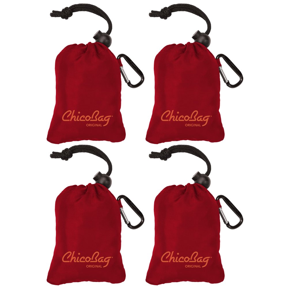 ChicoBag Original Compact Reusable Grocery Bag w/Attached Pouch and Carabiner Clip | Perfect for Shopping, Travel, Organization | Eco-Conscious Packable Tote | Red (Pack of 4)