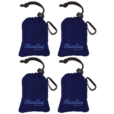 ChicoBag Original Compact Reusable Grocery Bag w/Attached Pouch and Carabiner Clip | Perfect for Shopping, Travel, Organization | Eco-Conscious Packable Tote | Mazarine Blue (Pack of 4)