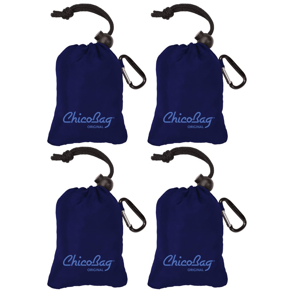 ChicoBag Original Compact Reusable Grocery Bag w/Attached Pouch and Carabiner Clip | Perfect for Shopping, Travel, Organization | Eco-Conscious Packable Tote | Mazarine Blue (Pack of 4)