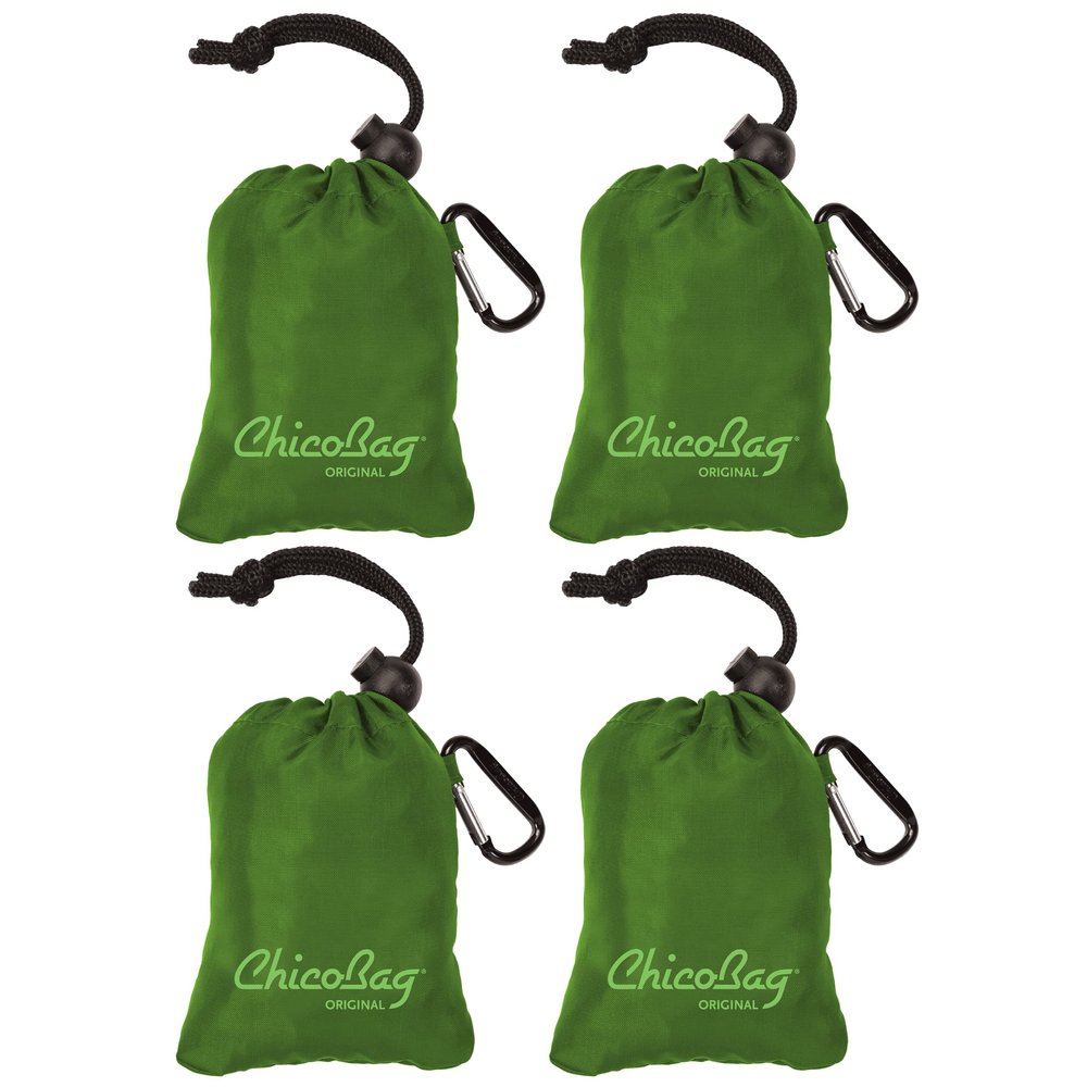 ChicoBag Original Compact Reusable Grocery Bag w/Attached Pouch and Carabiner Clip | Perfect for Shopping, Travel, Organization | Eco-Conscious Packable Tote | Pale Green (Pack of 4)