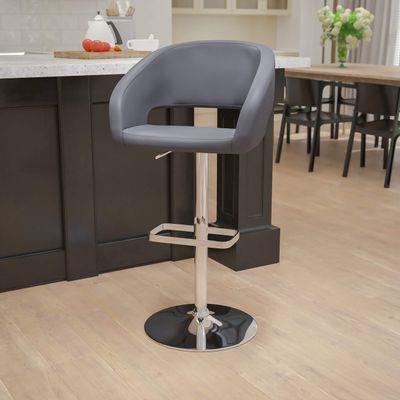 EMMA + OLIVER Shae Adjustable Height Barstool - Gray Vinyl Upholstery - Rounded Cutout Mid-Back - Foam Padding - Swivel Seat - Chrome Pedestal Base