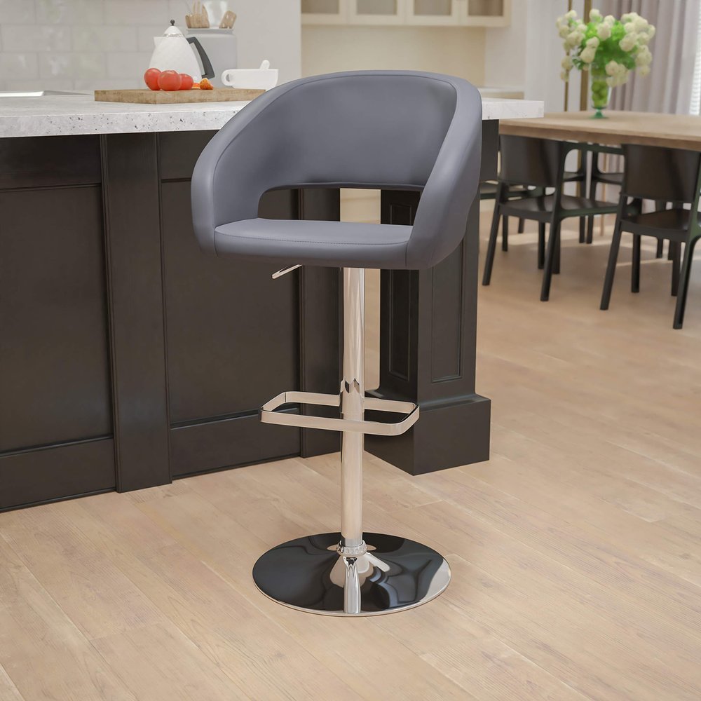 EMMA + OLIVER Shae Adjustable Height Barstool - Gray Vinyl Upholstery - Rounded Cutout Mid-Back - Foam Padding - Swivel Seat - Chrome Pedestal Base
