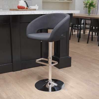EMMA + OLIVER Shae Adjustable Height Barstool - Charcoal Fabric Upholstery - Rounded Cutout Mid-Back - Foam Padding - Swivel Seat - Chrome Pedestal Base