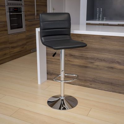 EMMA + OLIVER Coti Modern Height Adjustable Dining Stool - Gray Vinyl Upholstery - Channel Tufted Detailing - 360 Swivel Seat - Chrome Pedestal Base with Footrest