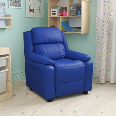 EMMA + OLIVER Deluxe Padded Blue Vinyl Kids Recliner with Storage Arms