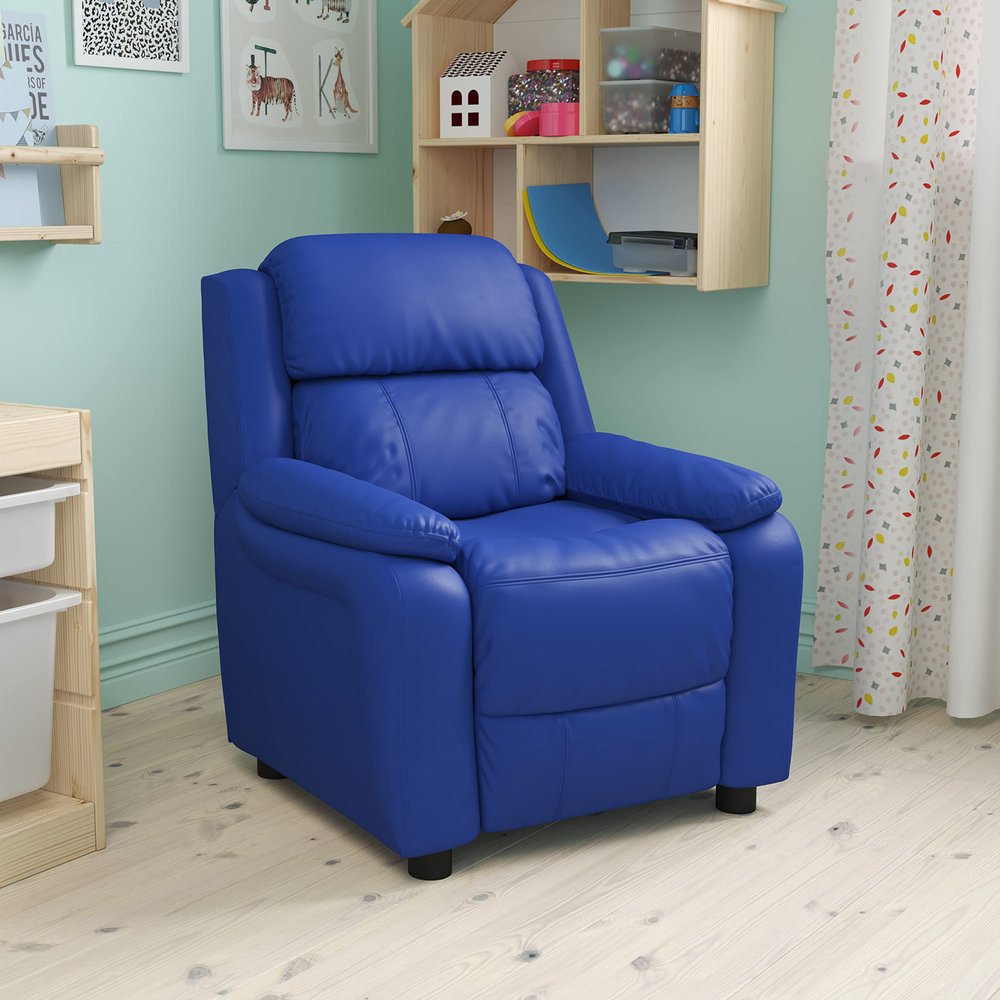 EMMA + OLIVER Deluxe Padded Blue Vinyl Kids Recliner with Storage Arms