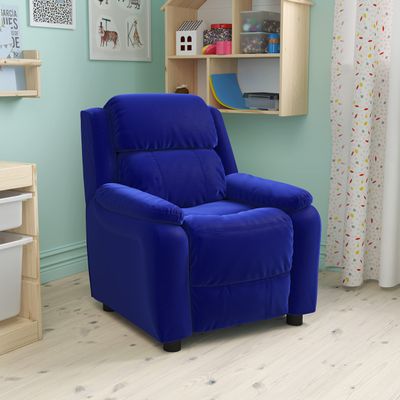 EMMA + OLIVER Deluxe Padded Blue Microfiber Kids Recliner with Storage Arms