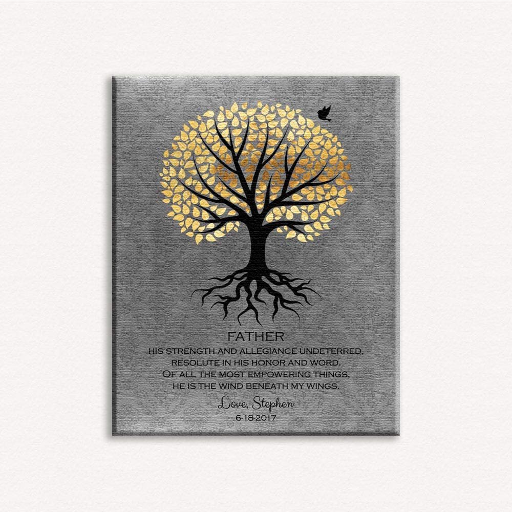 16x20 Custom Canvas A Thank You Gift for Dad, Personalized Gift for Father from Son with A Heartfelt Poem, Depicting Rooted Tree, Golden Leaves & A Bird, 1058