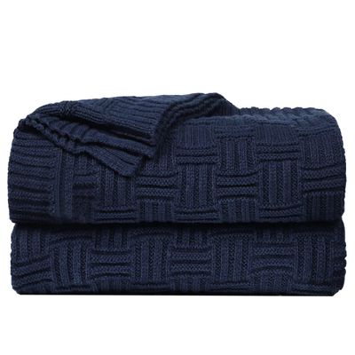 uxcell 100% Cotton Cable Knit Throw Blanket,Soft Lightweight Lap Blanket,Textured Solid Sofa Throw Couch Cover Decors Knitted Blankets, Navy Blue 50"x 60"