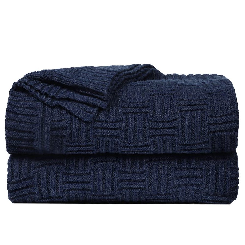 uxcell 100% Cotton Cable Knit Throw Blanket,Soft Lightweight Lap Blanket,Textured Solid Sofa Throw Couch Cover Decors Knitted Blankets, Navy Blue 50"x 60"