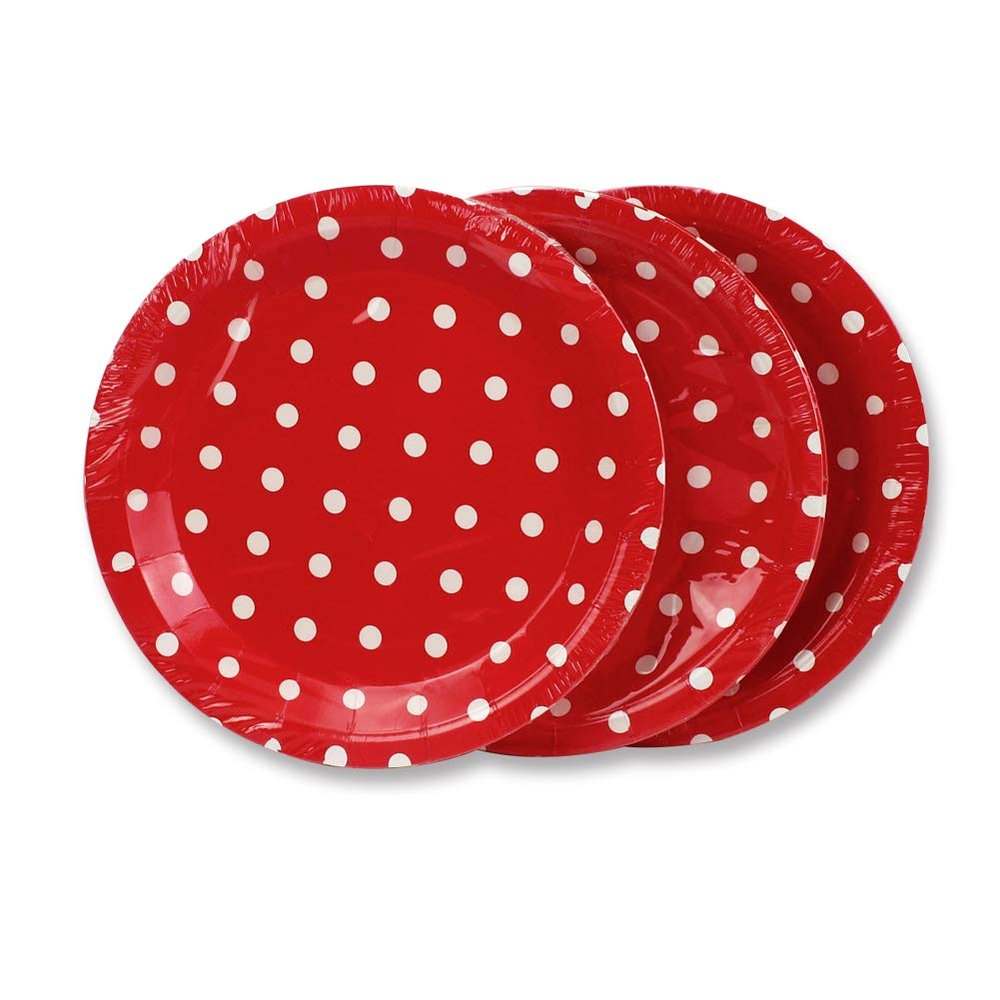 Dulousia Red Polka Dot Paper Plates 36pcs - 9inch Biodegradable Round Party Plates for Cakes, Dessert, Snack, Fruits