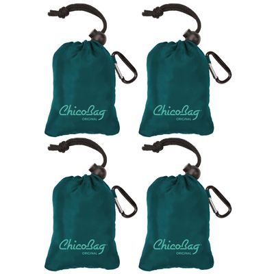ChicoBag Original Compact Reusable Grocery Bag w/Attached Pouch and Carabiner Clip | Perfect for Shopping, Travel, Organization | Eco-Conscious Packable Tote | Aqua (Pack of 4)