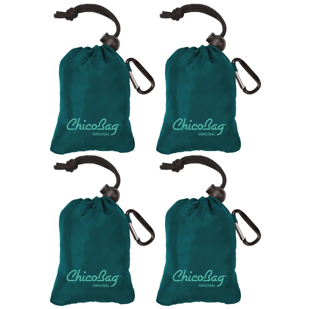 ChicoBag Original Compact Reusable Grocery Bag w/Attached Pouch and Carabiner Clip | Perfect for Shopping, Travel, Organization | Eco-Conscious Packable Tote | Aqua (Pack of 4)