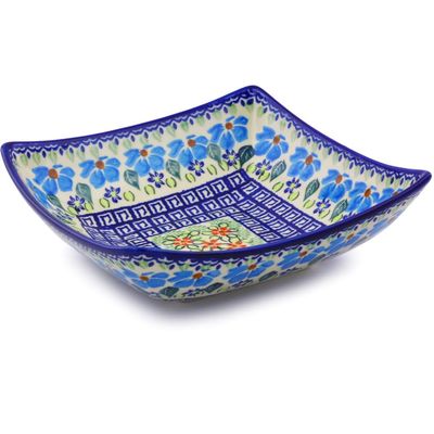 Polmedia Polish Pottery Square Bowl 8-inch - Pansy Morning Pattern Handmade in Boleslawiec Poland by Ceramika Bona + Certificate of Authenticity